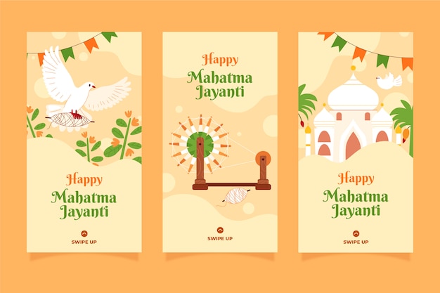 Free vector hand drawn flat gandhi jayanti instagram stories collection