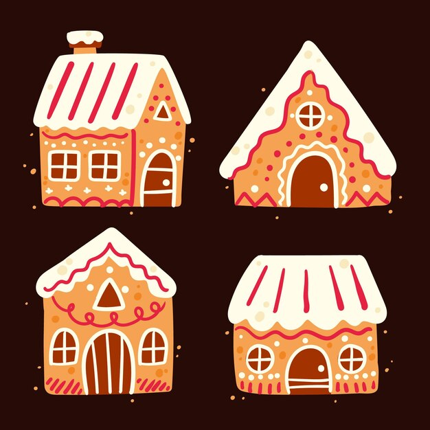 Hand drawn flat gingerbread houses collection