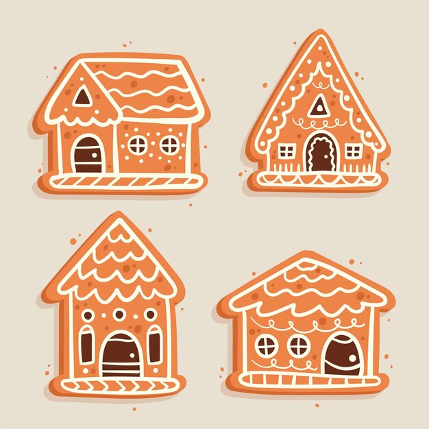 Hand drawn flat gingerbread houses collection