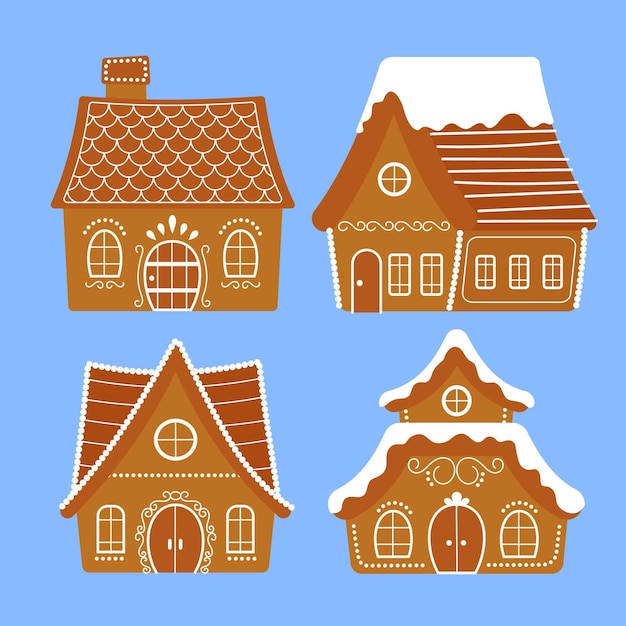 Hand drawn flat gingerbread houses collection