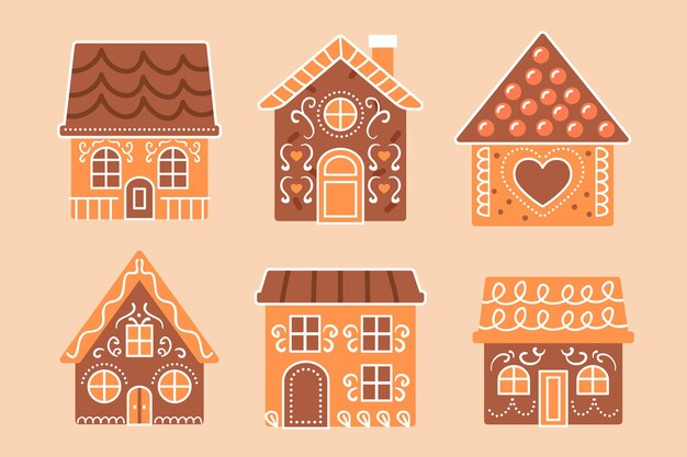 Hand drawn flat gingerbread houses collection