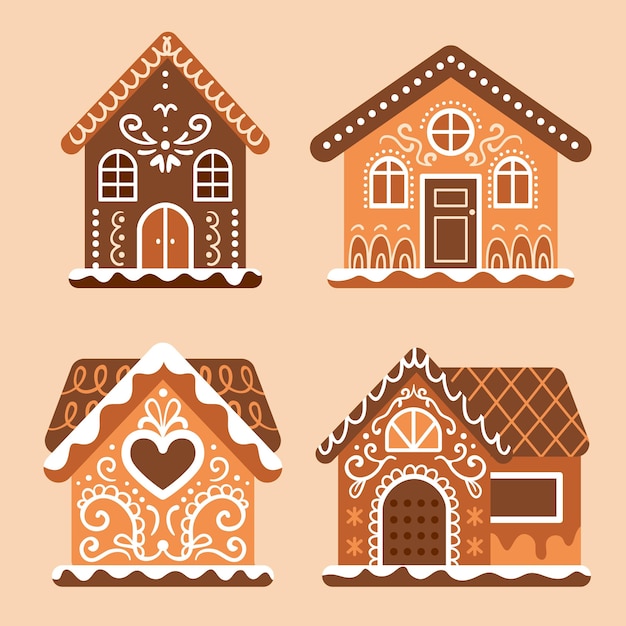 Hand drawn flat gingerbread houses collection