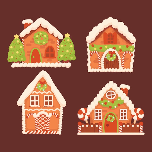 Hand drawn flat gingerbread houses collection