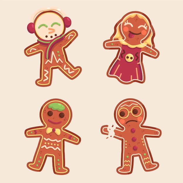 Hand drawn flat gingerbread man cookies collection