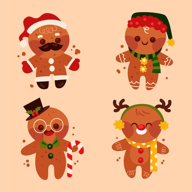 Hand drawn flat gingerbread man cookies collection