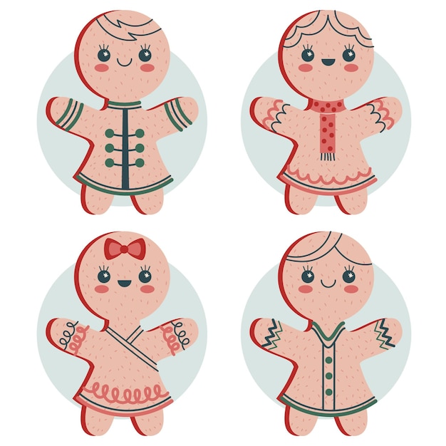 Hand drawn flat gingerbread man cookies collection