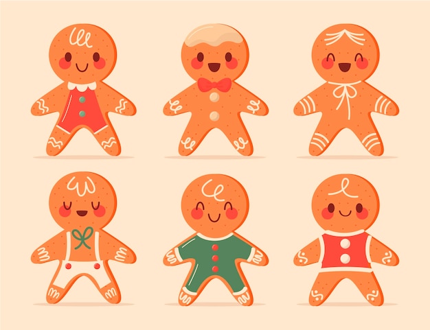 Hand drawn flat gingerbread man cookies collection