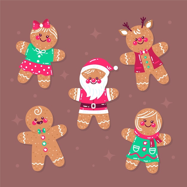 Hand drawn flat gingerbread man cookies collection