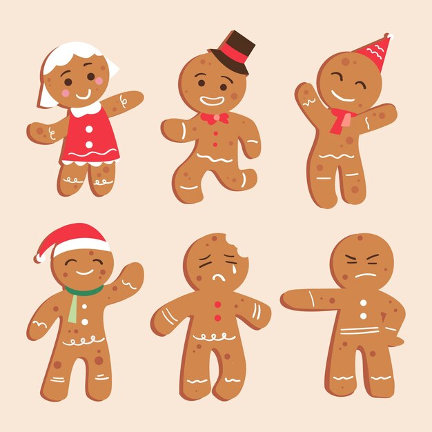 Hand drawn flat gingerbread man cookies collection