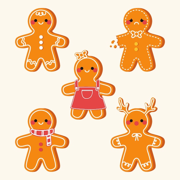 Hand drawn flat gingerbread man cookies collection