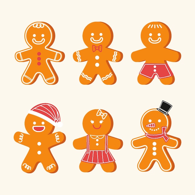 Hand drawn flat gingerbread man cookies collection