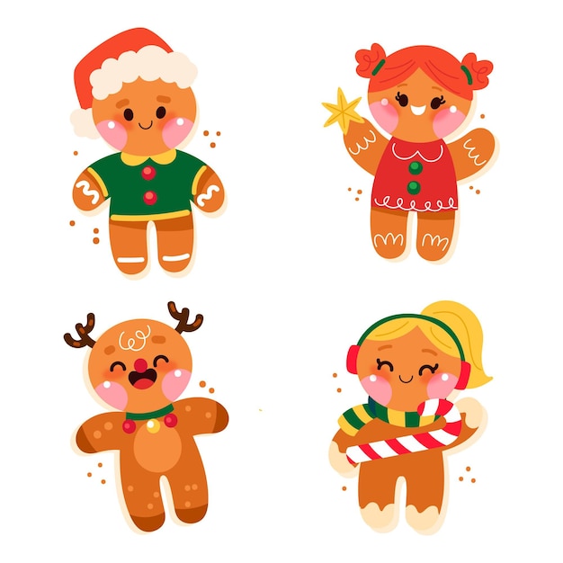 Hand drawn flat gingerbread man cookies collection