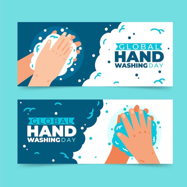 Hand drawn flat global handwashing day horizontal banners set