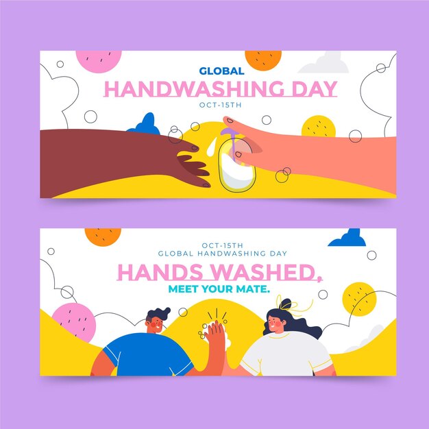 Hand drawn flat global handwashing day horizontal banners set