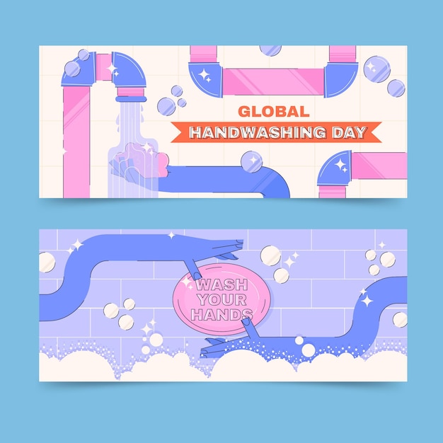 Hand drawn flat global handwashing day horizontal banners set