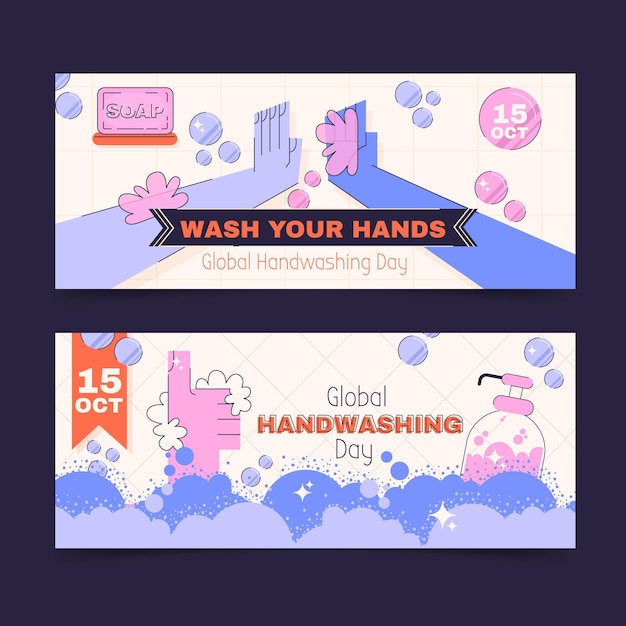 Hand drawn flat global handwashing day horizontal banners set