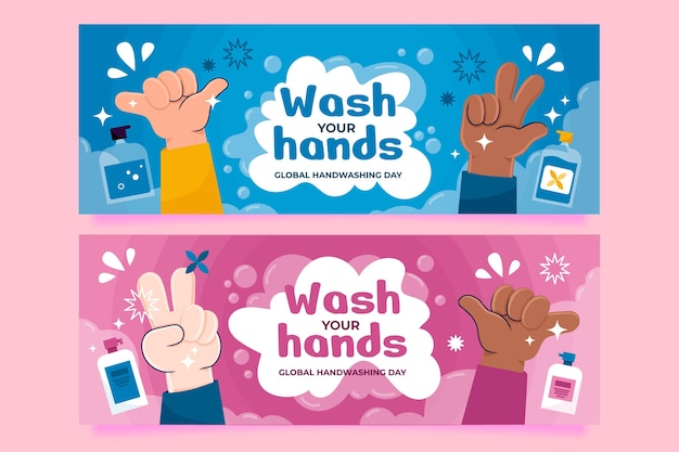 Free Vector hand drawn flat global handwashing day horizontal banners set