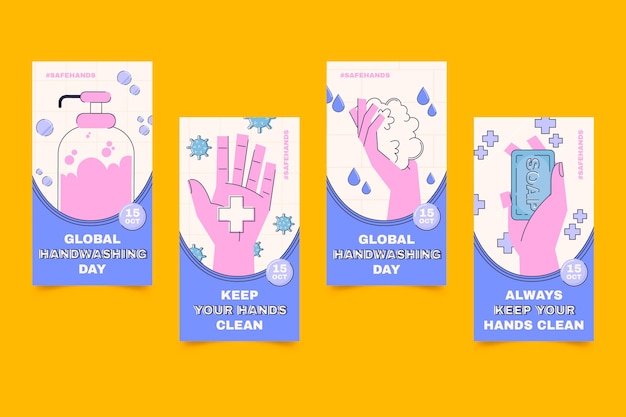 Free Vector hand drawn flat global handwashing day instagram stories collection