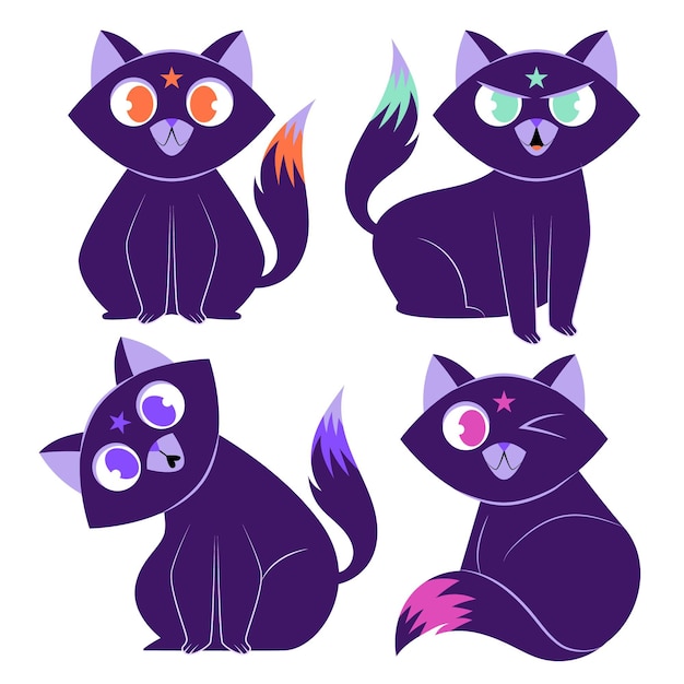 Free Vector hand drawn flat halloween black cats collection