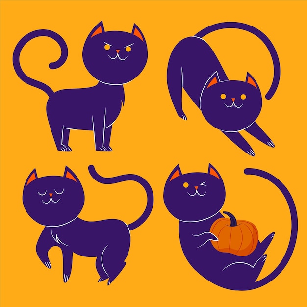 Hand drawn flat halloween black cats collection