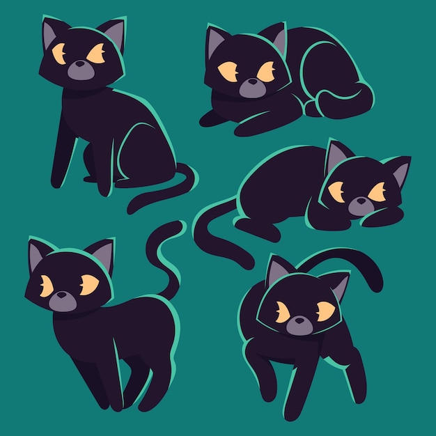 Free Vector hand drawn flat halloween black cats collection