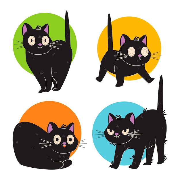 Hand drawn flat halloween black cats collection