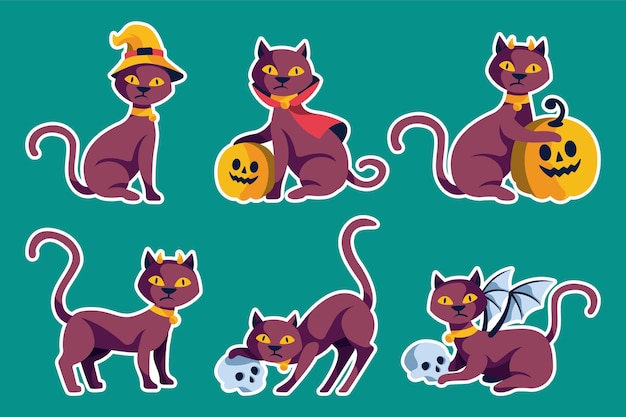 Free Vector hand drawn flat halloween black cats collection