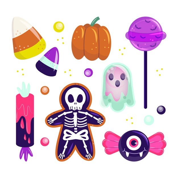 Hand drawn flat halloween candy collection