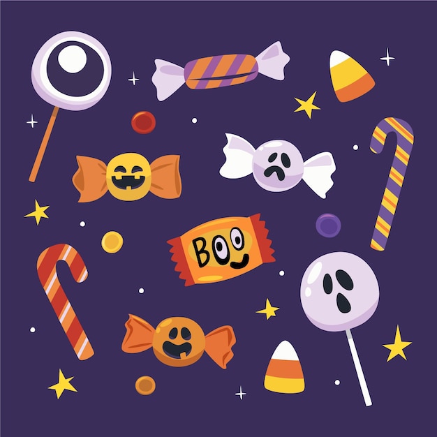 Hand drawn flat halloween candy collection