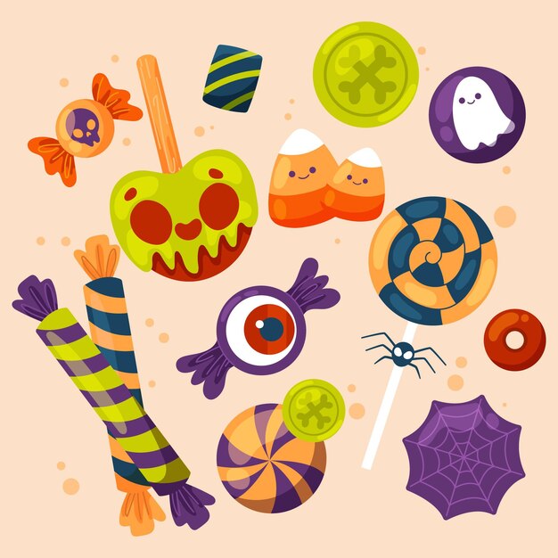 Hand drawn flat halloween candy collection