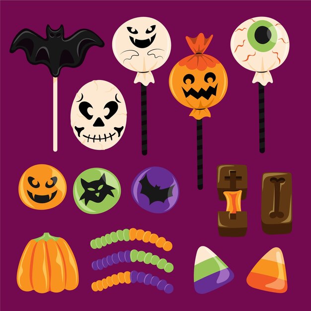 Hand drawn flat halloween candy collection