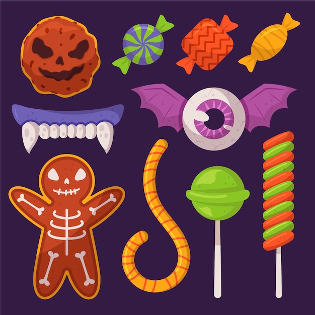 Hand drawn flat halloween candy collection