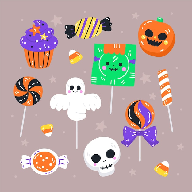 Hand drawn flat halloween candy collection