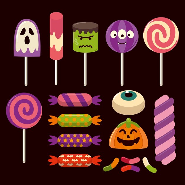 Hand drawn flat halloween candy collection