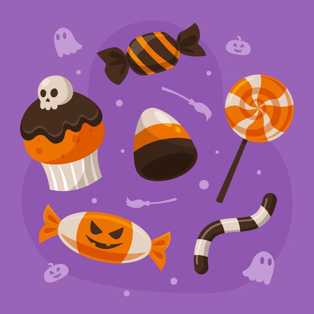 Hand drawn flat halloween candy collection