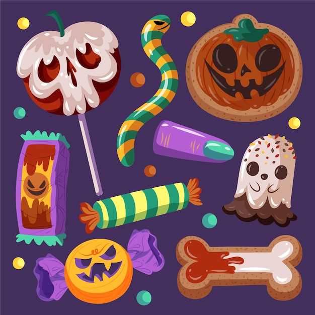 Hand drawn flat halloween candy collection