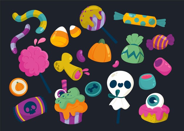 Hand drawn flat halloween candy collection