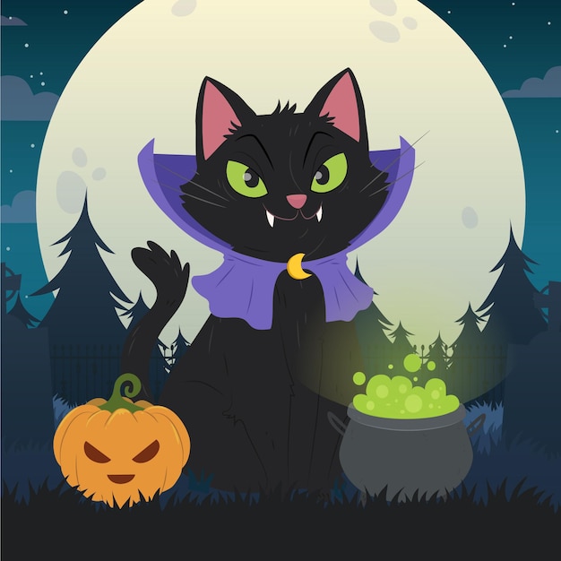 Hand drawn flat halloween cat illustration