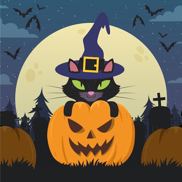 Free Vector hand drawn flat halloween cat illustration