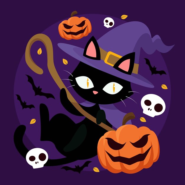 Hand drawn flat halloween cat illustration