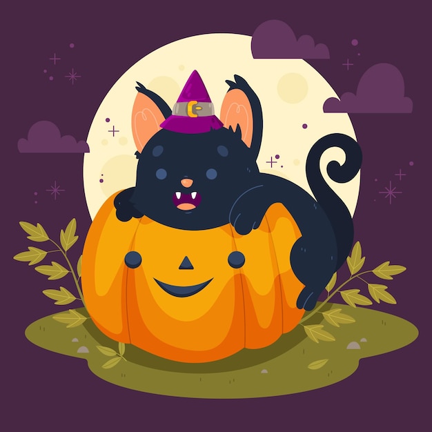 Hand drawn flat halloween cat illustration