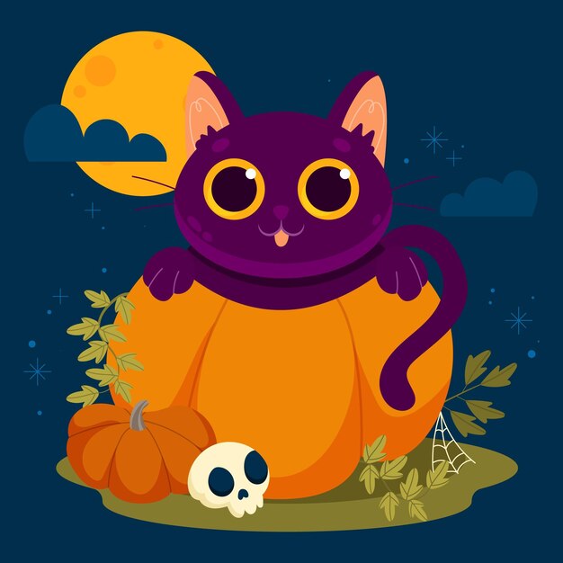 Hand drawn flat halloween cat illustration