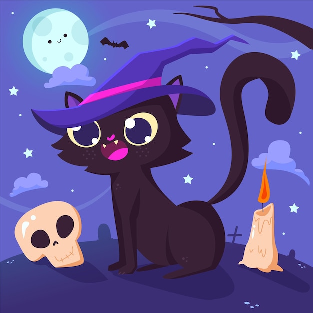 Free Vector hand drawn flat halloween cat illustration