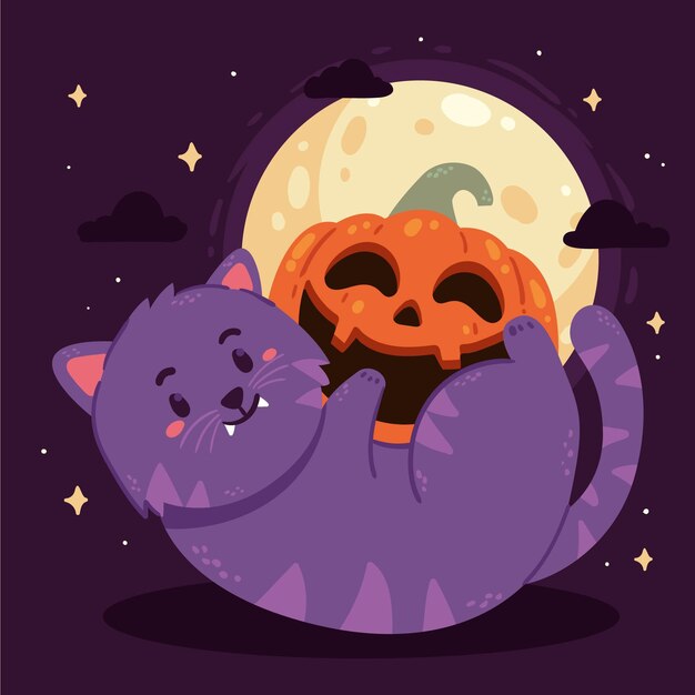 Hand drawn flat halloween cat illustration