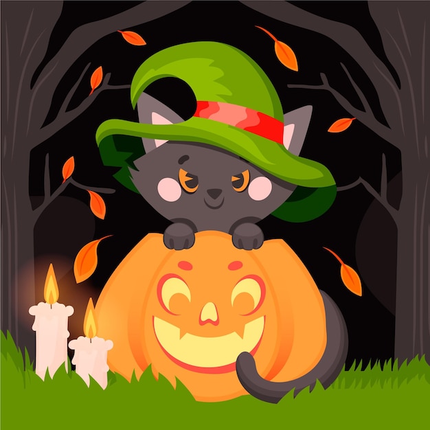 Free Vector hand drawn flat halloween cat illustration