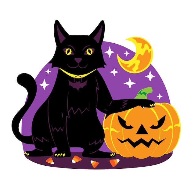 Hand drawn flat halloween cat illustration