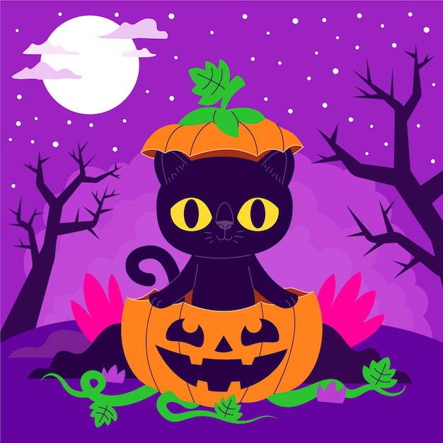 Hand drawn flat halloween cat illustration