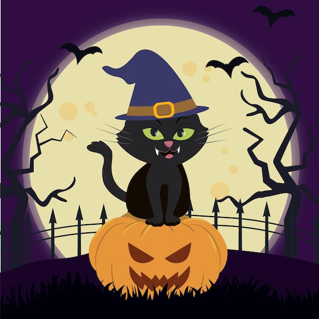 Hand drawn flat halloween cat illustration