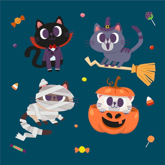 Hand drawn flat halloween cat illustration