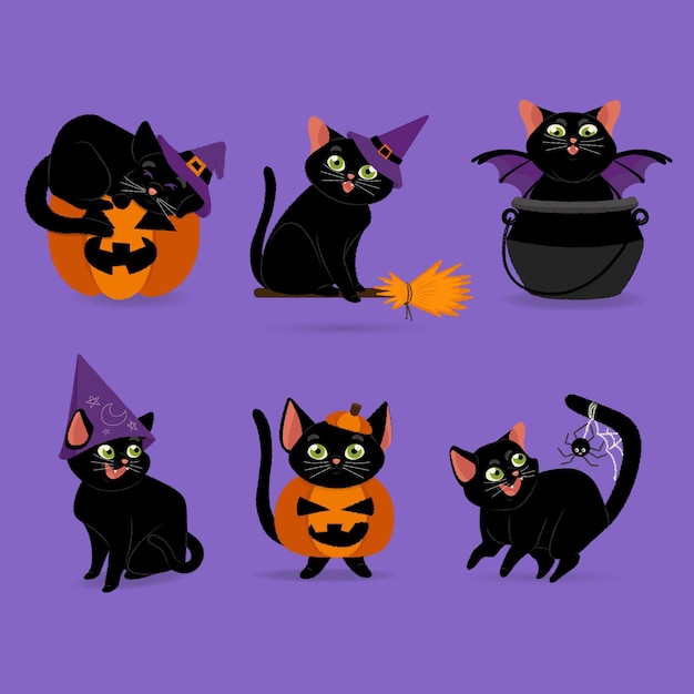 Hand drawn flat halloween cats illustration